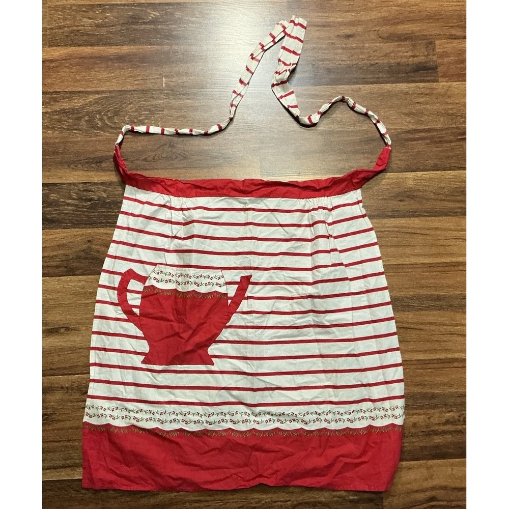 Vtg Half Apron Red & White Striped Teapot Pocket